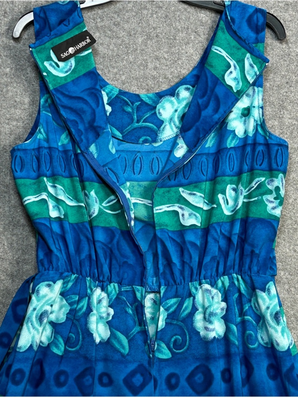 Sag Harbor Size 14 Blue Green Floral Sleeveless Faux Wrap Dress Tie Waist Zipper - Picture 6 of 7